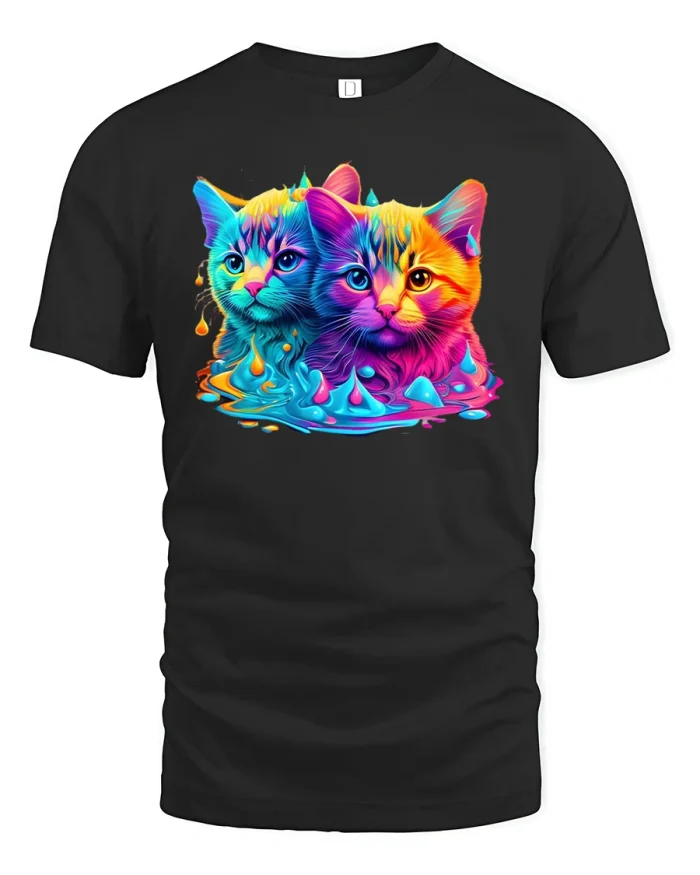 Color Splash Cat T-Shirt Vibrant Neon Art Kitty Tee - black t-shirt on white background