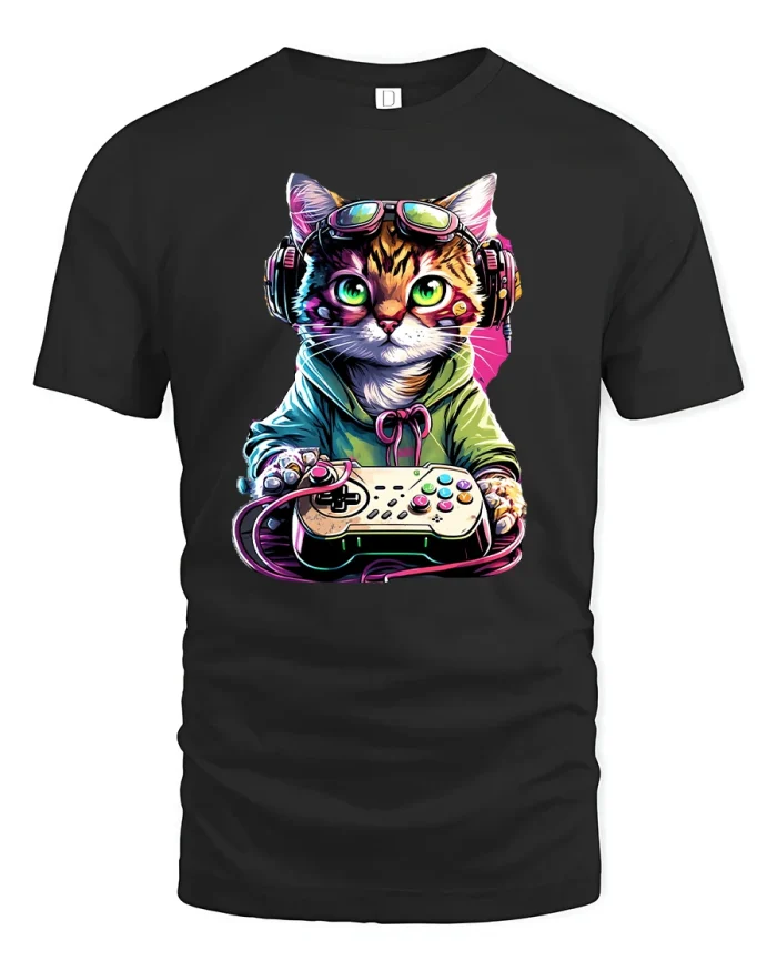 Gamer Cat T-Shirt Funny Cool Kitty with Headphones - black t-shirt on white background