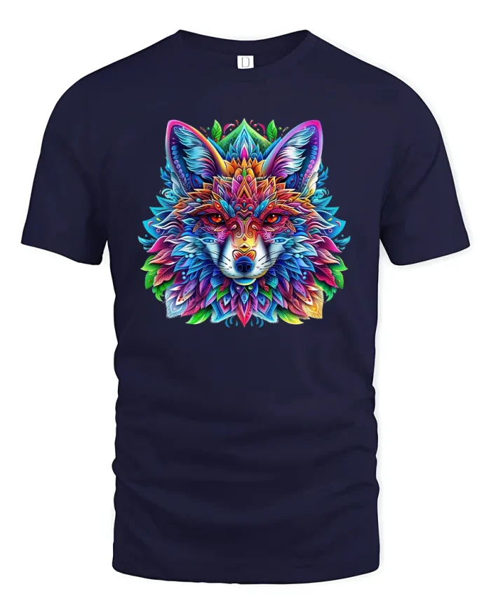 Psychedelic Fox T-Shirt Vibrant Tribal Spirit Animal - navy t-shirt on white background