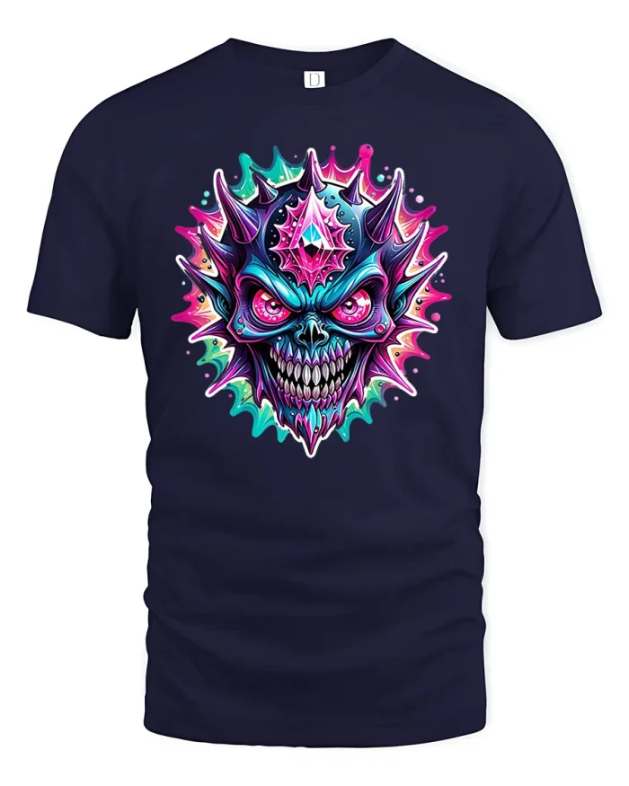Psychedelic Skull T-Shirt Neon Horror Art Graphic Tee - navy t-shirt on white background
