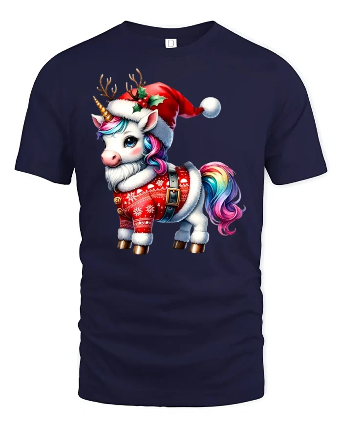 Christmas Unicorn T-Shirt Cute Holiday Reindeer Tee - navy t-shirt on white background