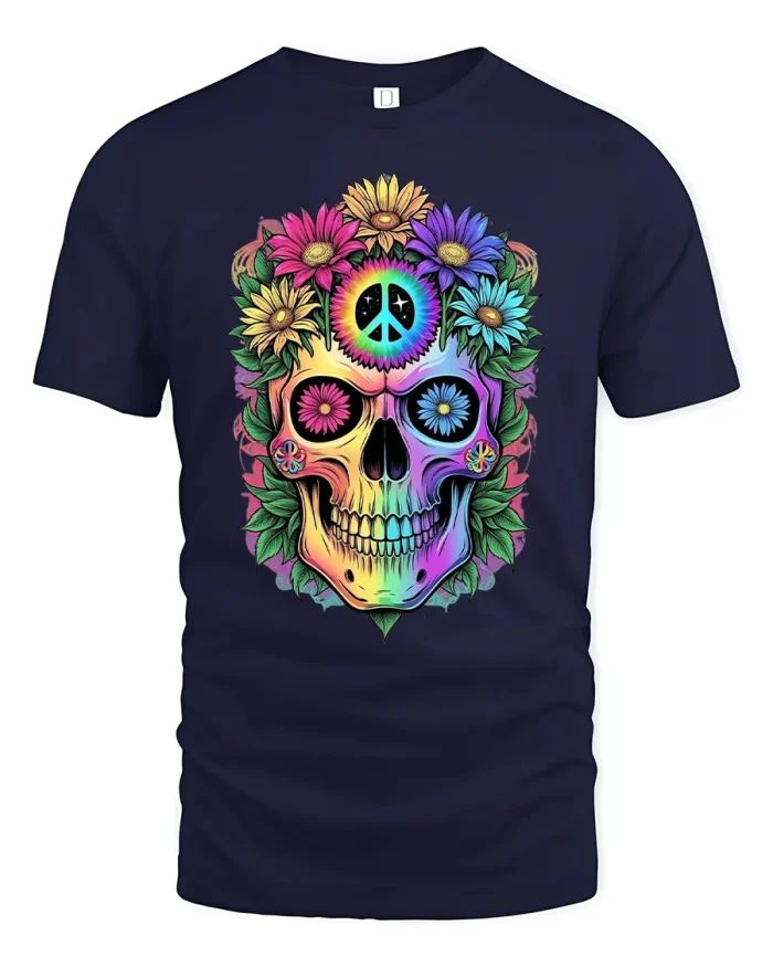 Hippie Skull T-Shirt Colorful Floral Peace Art Tee - navy t-shirt on white background