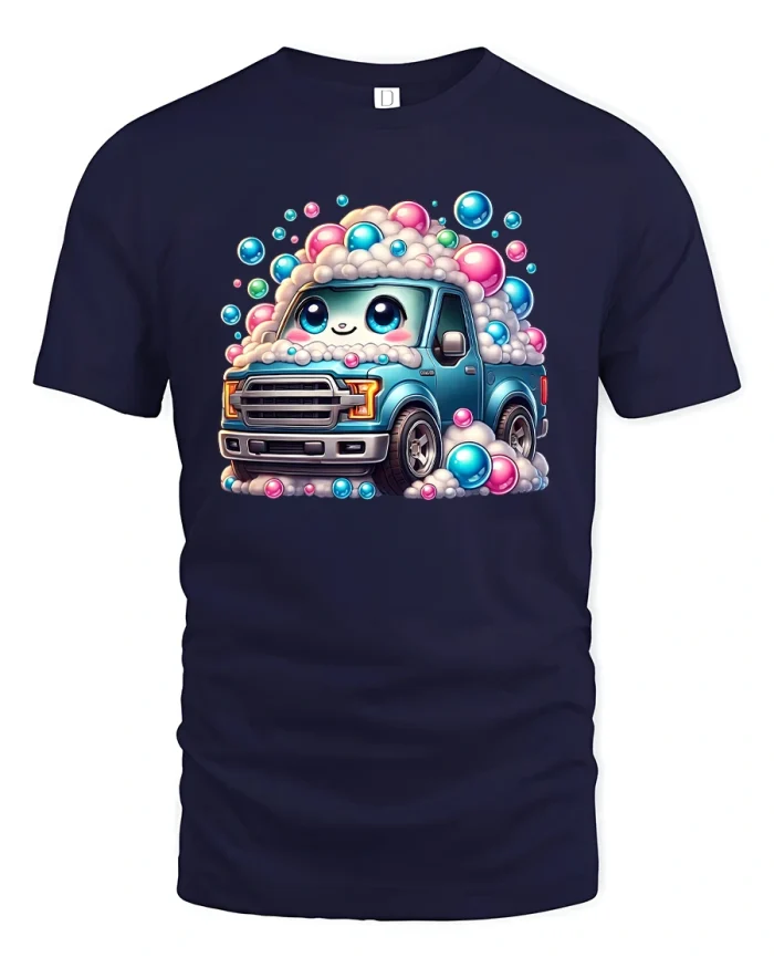 Cute Truck Car Wash T-Shirt Funny Bubbles Auto Tee - navy t-shirt on white background
