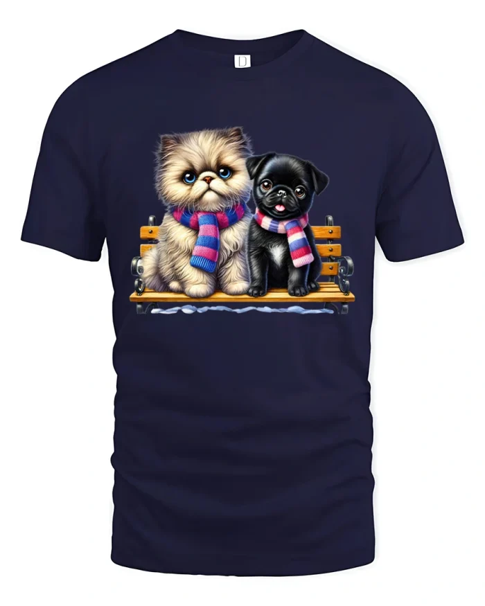 Cute Dog and Cat T-Shirt Winter Friends Pet Lover Tee - navy t-shirt on white background