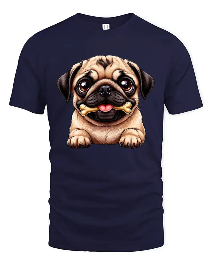 Cute Pug T-Shirt Funny Puppy with Bone Dog Lover Tee - navy t-shirt on white background