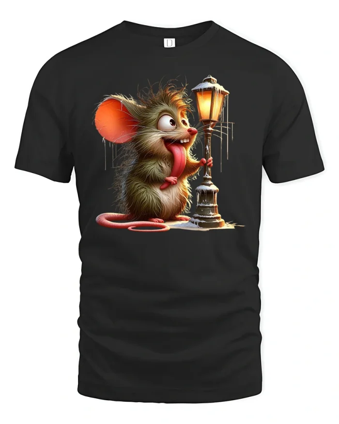 Funny Mouse T-Shirt Silly Animal with Lamp Cartoon Tee - black t-shirt on white background