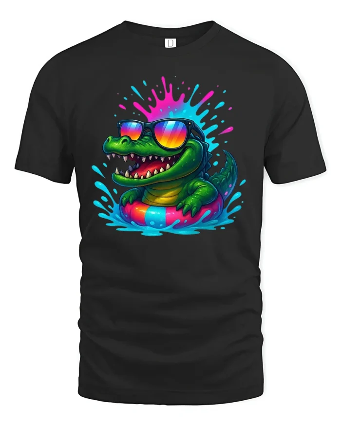 Cool Alligator T-Shirt Funny Summer Pool Party Tee - black t-shirt on white background