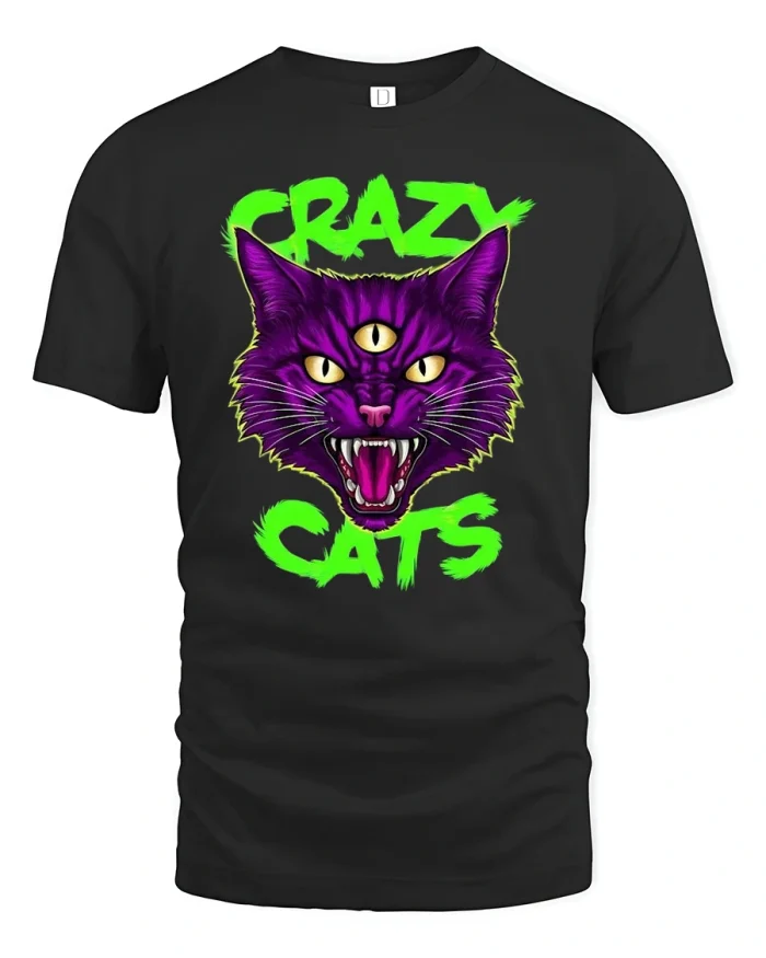 Crazy Cat T-Shirt Funny Trippy Third Eye Kitty Tee - black t-shirt on white background