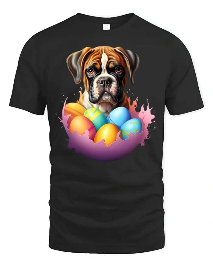 Boxer Dog Easter T-Shirt Cute Puppy Egg Hunt Tee - black t-shirt on white background