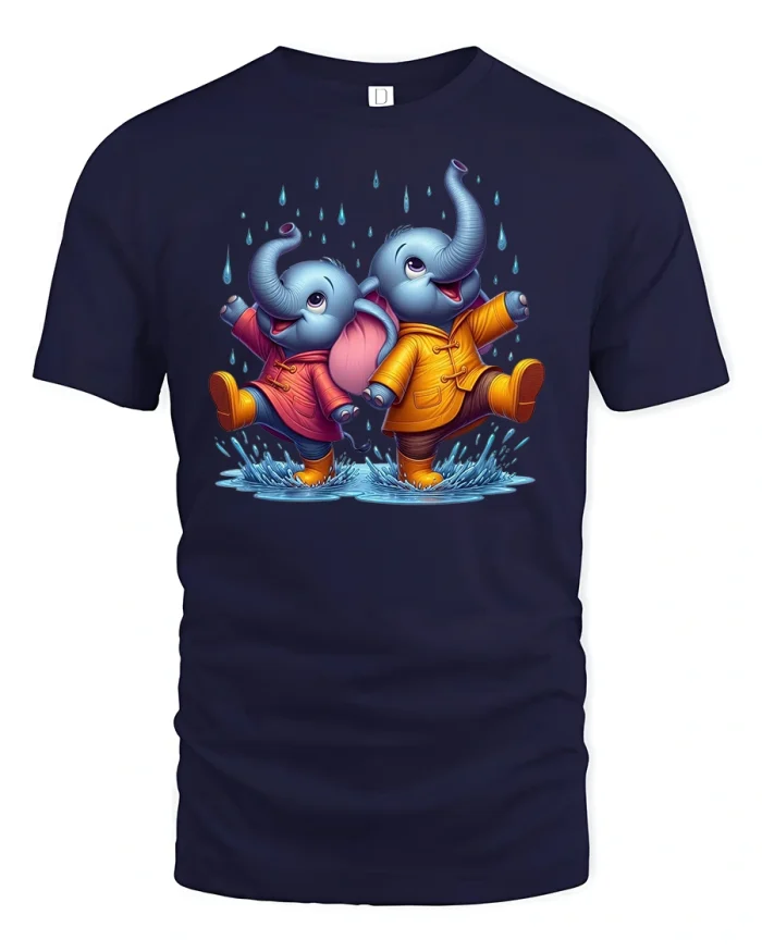 Dancing Elephants T-Shirt Cute Rainy Day Friends Tee - navy t-shirt on white background