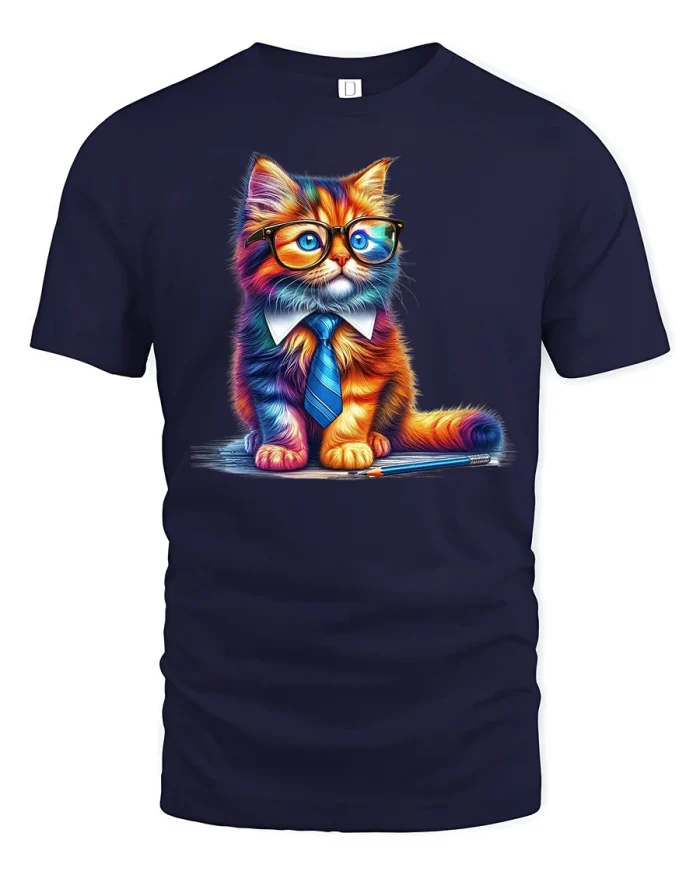 Smart Cat T-Shirt Funny Office Nerd Kitty Glasses Tee - navy t-shirt on white background