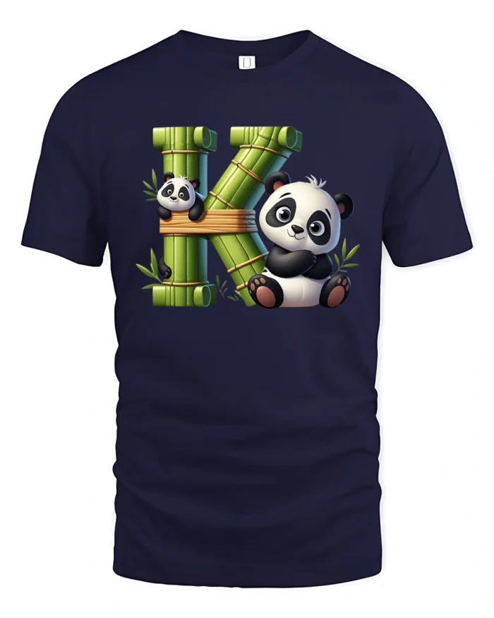 Cute Panda T-Shirt Bamboo Letter K Animal Lover Tee - navy t-shirt on white background