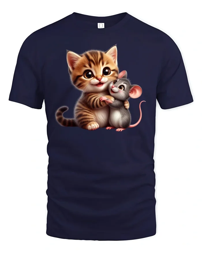 Cute Cat and Mouse T-Shirt Funny Animal Friends Tee - navy t-shirt on white background