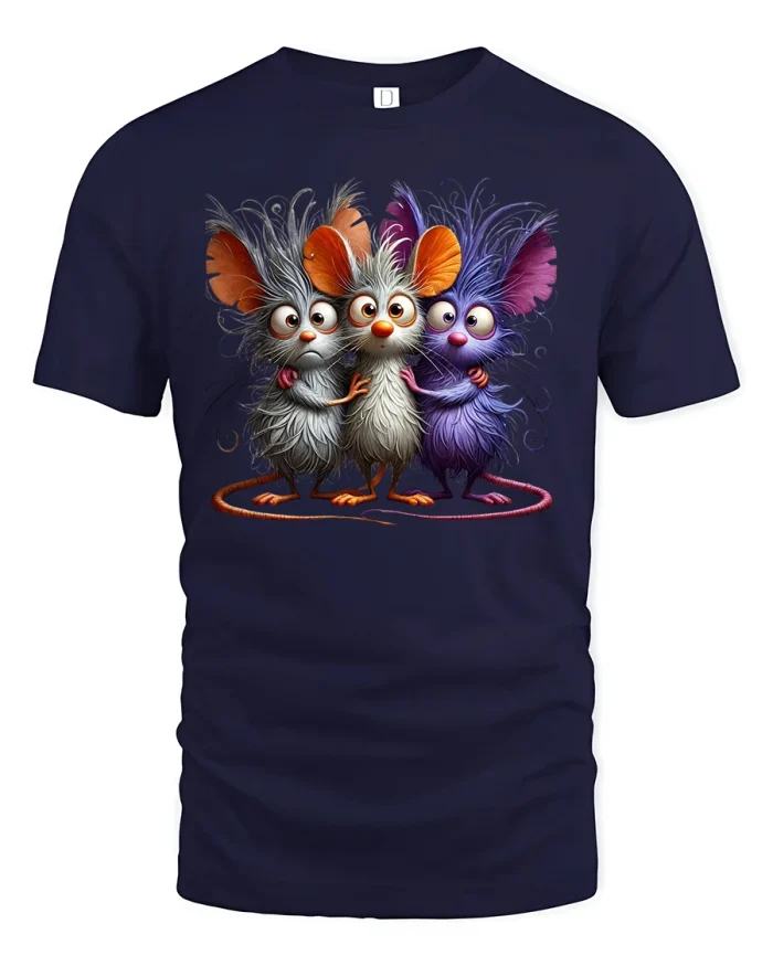 Funny Mice T-Shirt Three Hairy Friends Cartoon Tee - navy t-shirt on white background