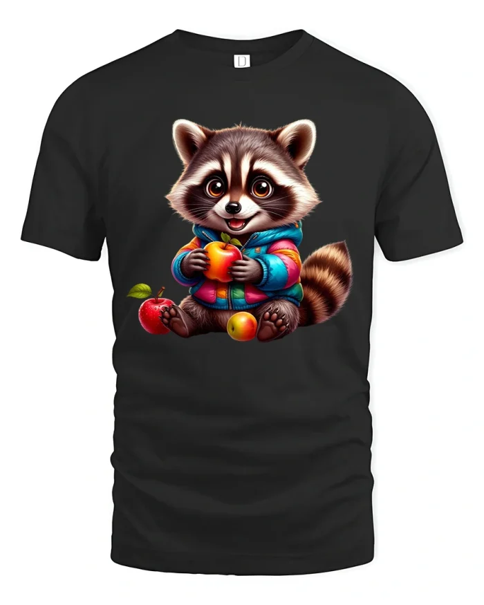 Cute Raccoon Eating Apple Funny Graphic T-Shirt - black t-shirt on white background