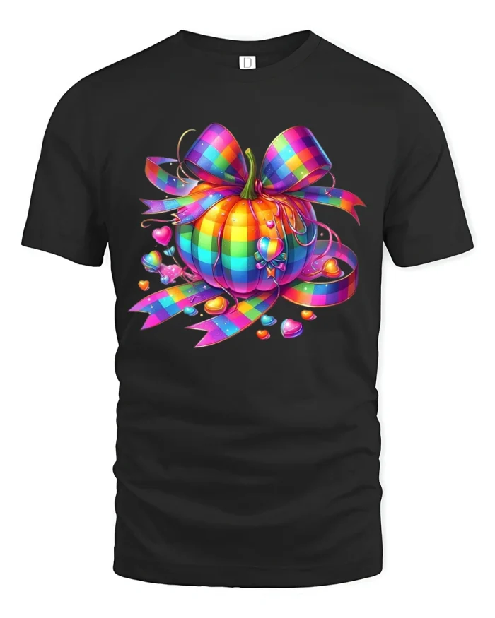 Rainbow Pumpkin Bow Graphic Tee for Fall Lovers - black t-shirt on white background