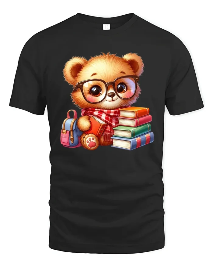 Cute Book Lover Bear with Glasses Graphic T-Shirt - black t-shirt on white background