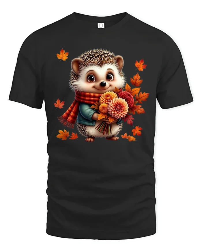 Cute Autumn Hedgehog with Flowers Graphic T-Shirt - black t-shirt on white background