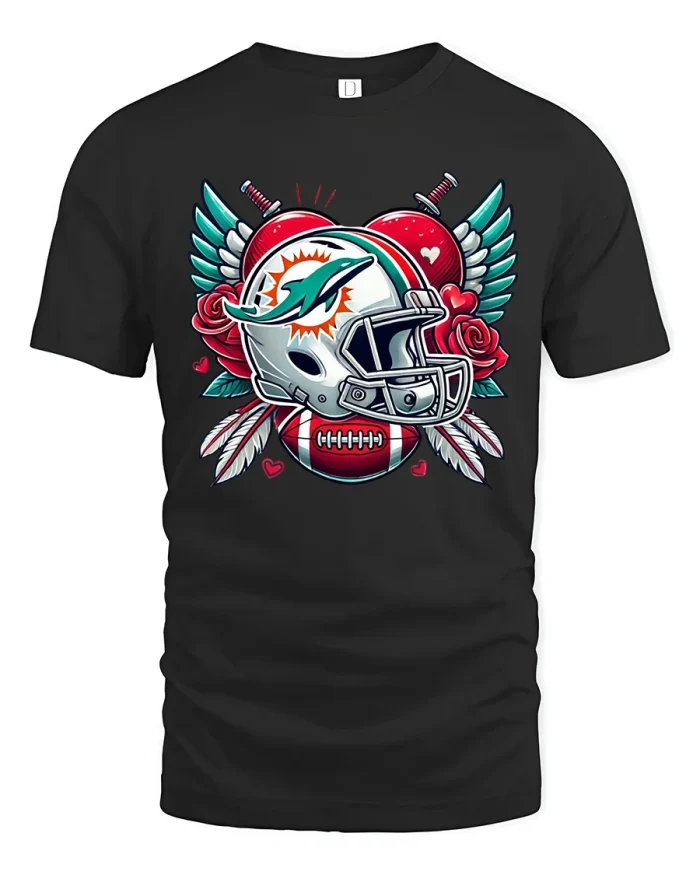 Miami Football Helmet Wings and Roses Graphic Tee - black t-shirt on white background