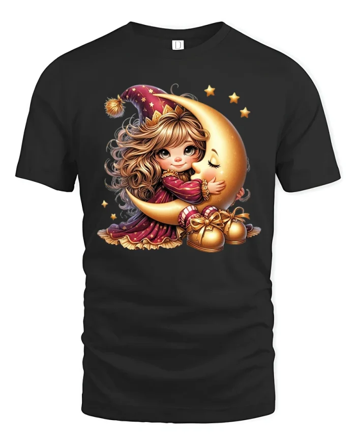 Cute Moon Hug Girl Dreamy Night Graphic T-Shirt - black t-shirt on white background