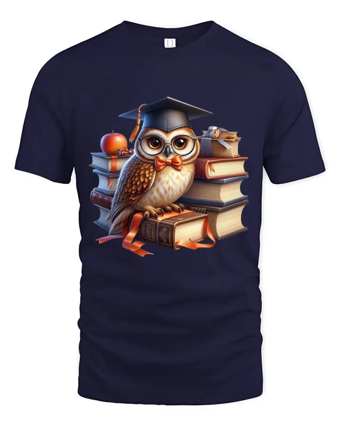Wise Owl Graduation Books Teacher Gift Graphic T-Shirt - navy t-shirt on white background