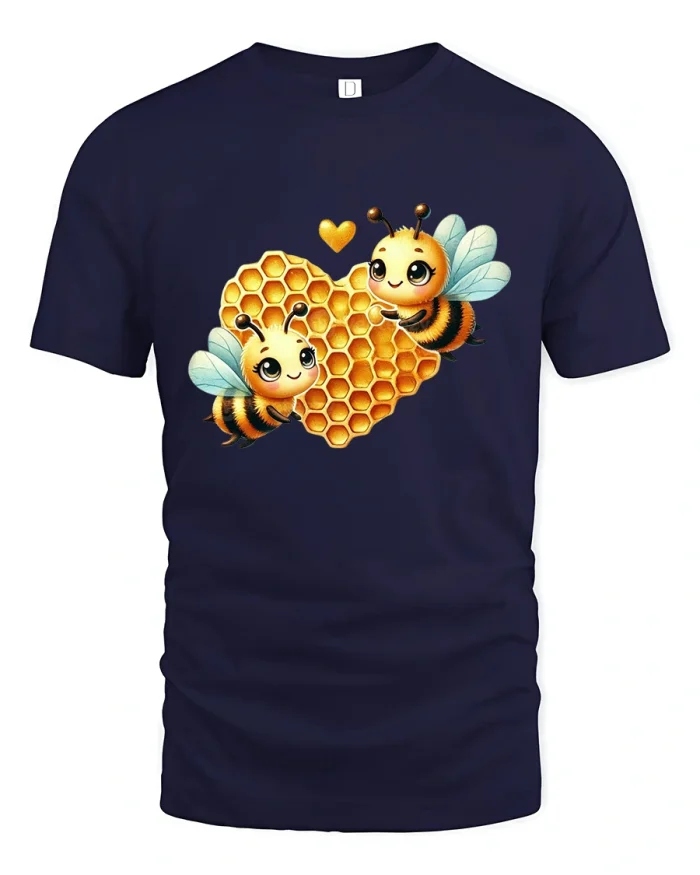 Cute Bees with Honeycomb Heart Love Graphic T-Shirt - navy t-shirt on white background