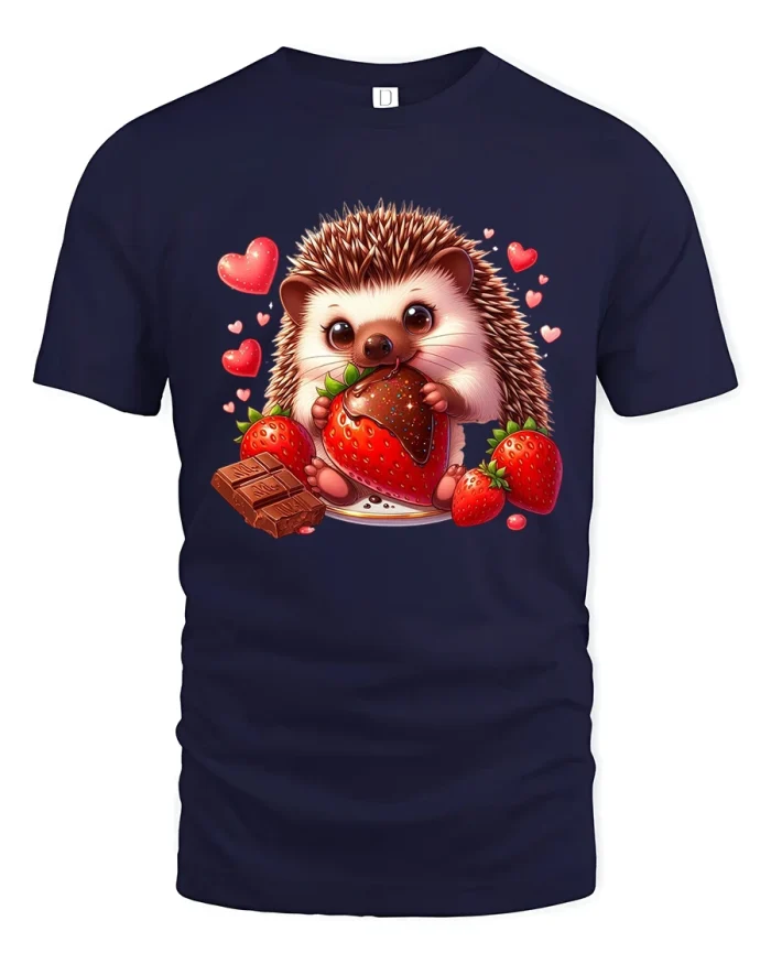 Cute Hedgehog Eating Strawberry Chocolate T-Shirt - navy t-shirt on white background