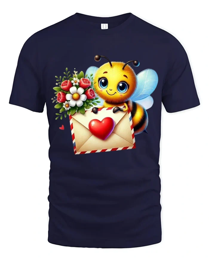Cute Bee Holding Love Letter Valentine Graphic T-Shirt - navy t-shirt on white background