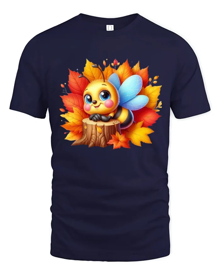 Cute Autumn Bee with Fall Leaves Graphic T-Shirt - navy t-shirt on white background