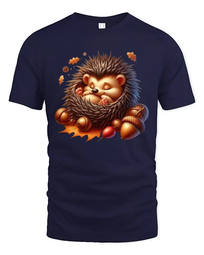 Cute Sleeping Hedgehog Autumn Leaves Cozy T-Shirt - navy t-shirt on white background