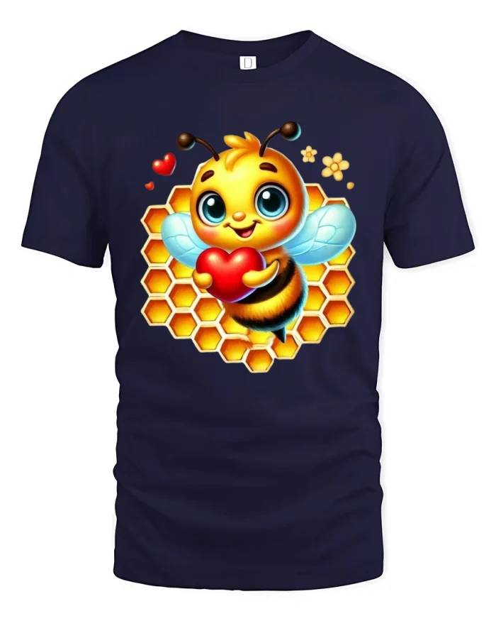 Cute Bee Holding Heart Honeycomb Love Graphic T-Shirt - navy t-shirt on white background
