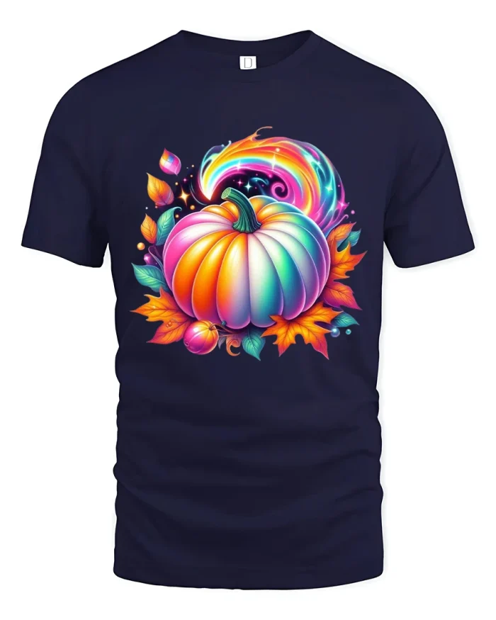 Colorful Pumpkin Magic Fall Leaves Graphic T-Shirt - navy t-shirt on white background