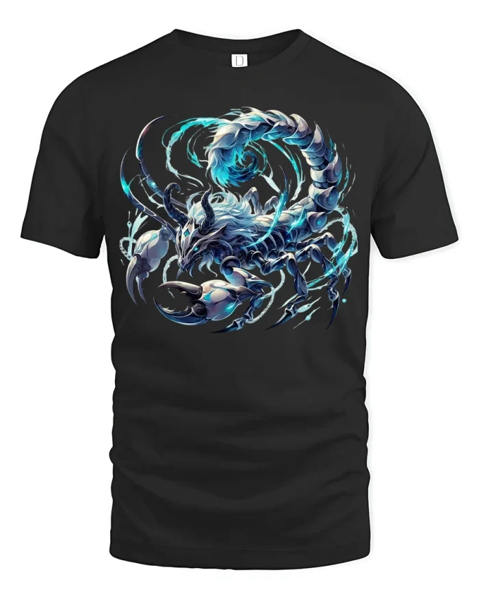 Fierce Blue Scorpion Warrior Graphic T-Shirt for Fantasy Lovers - black t-shirt on white background