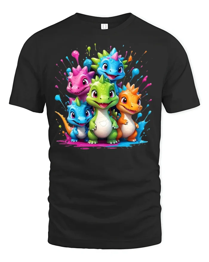 Colorful Baby Dragons Splash Art Graphic T-Shirt - black t-shirt on white background