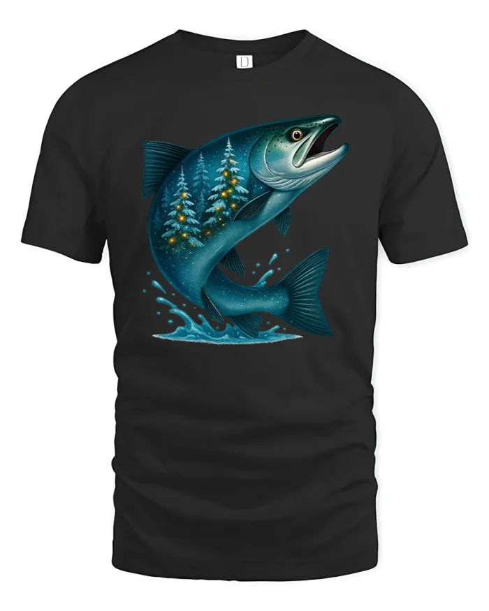 Forest Landscape Salmon Art Graphic T-Shirt for Outdoor Lovers - black t-shirt on white background