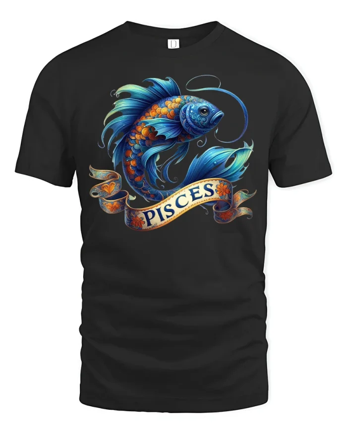Pisces Zodiac Fish Art Graphic T-Shirt for Astrology Lovers - black t-shirt on white background