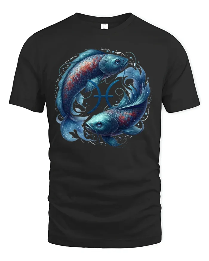 Pisces Twin Fish Zodiac Graphic T-Shirt - black t-shirt on white background