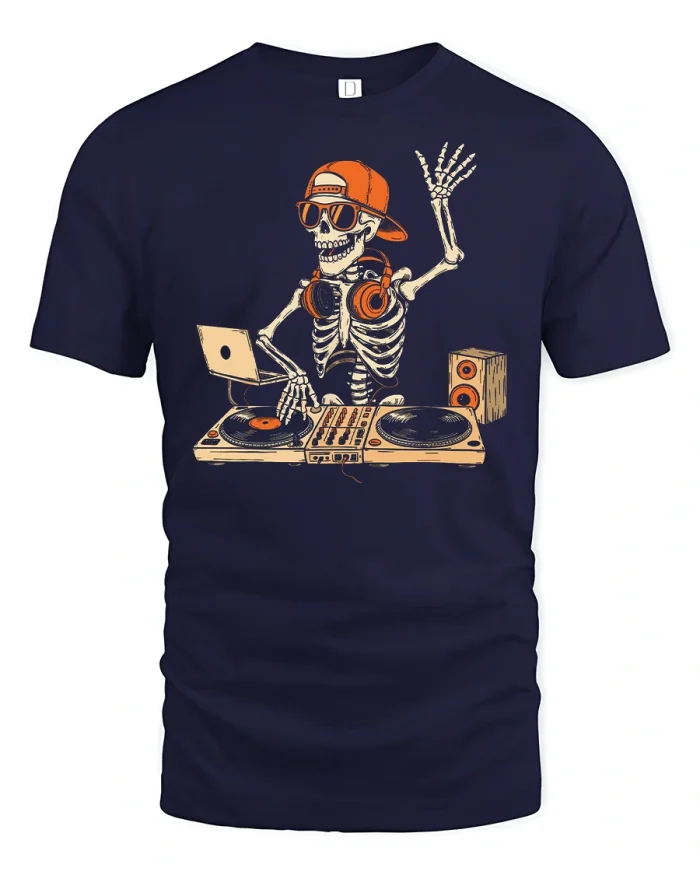 Cool Skeleton DJ Turntable Graphic T-Shirt for Music Lovers - navy t-shirt on white background