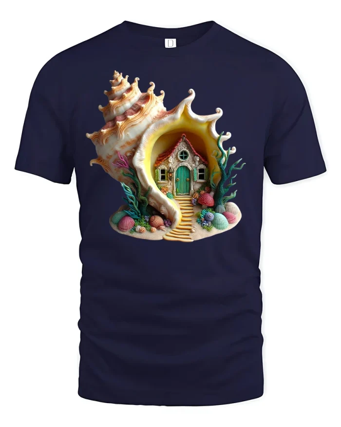 Fantasy Seashell House Graphic T-Shirt for Ocean and Art Lovers - navy t-shirt on white background