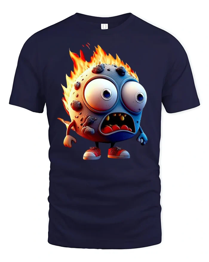 Funny Flaming Meteor Cartoon Graphic T-Shirt - navy t-shirt on white background