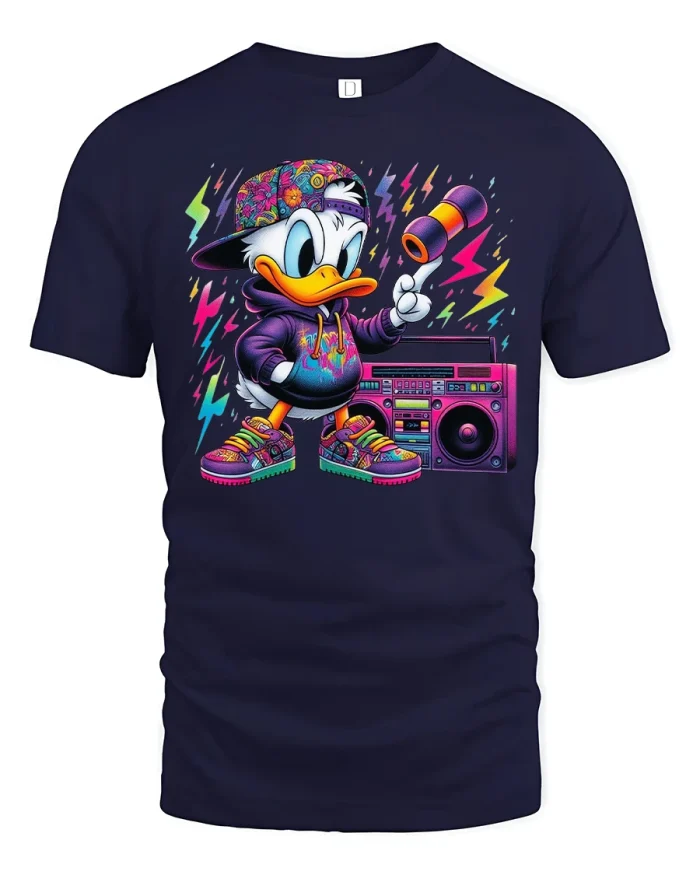 Cool Hip Hop Duck Character Graphic T-Shirt - navy t-shirt on white background