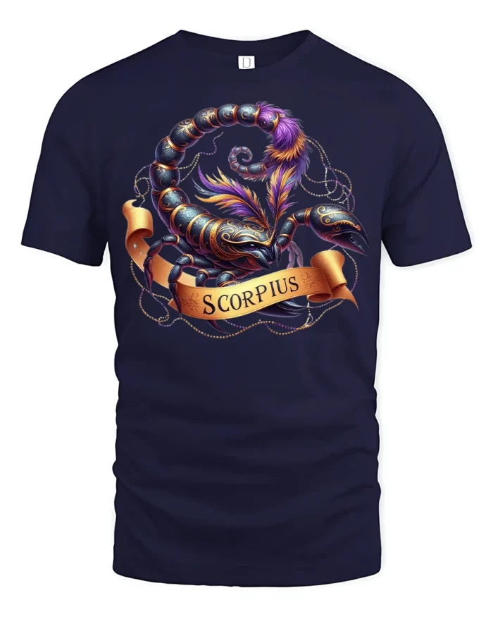 Scorpius Zodiac Scorpion Art Graphic T-Shirt - navy t-shirt on white background