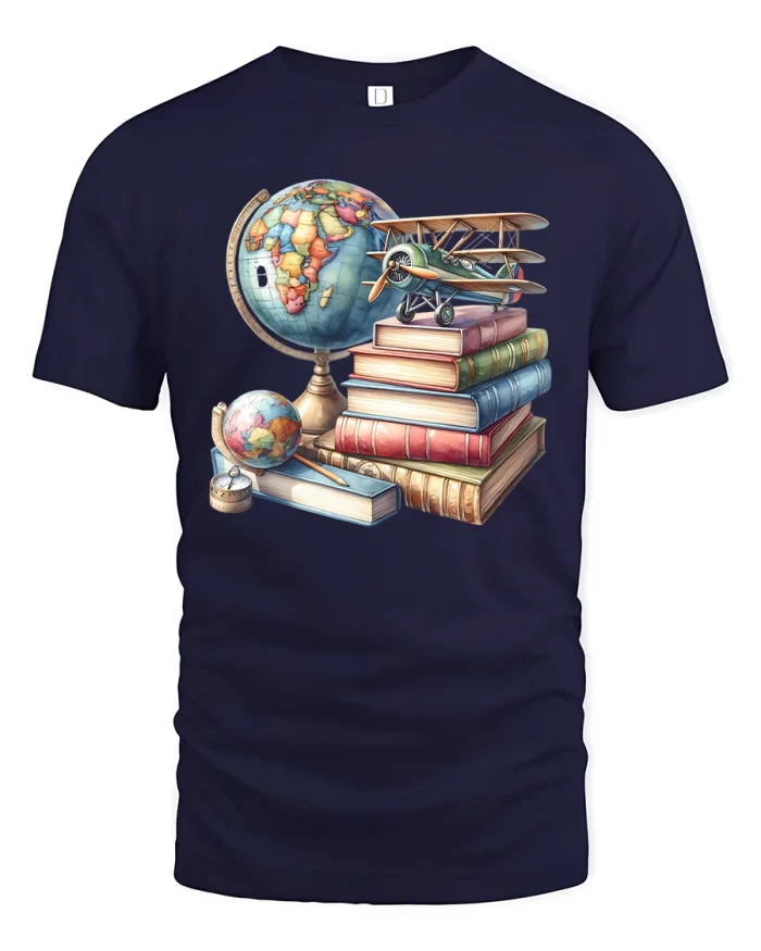 Vintage Globe and Books Graphic T-Shirt for Teachers and Readers - navy t-shirt on white background