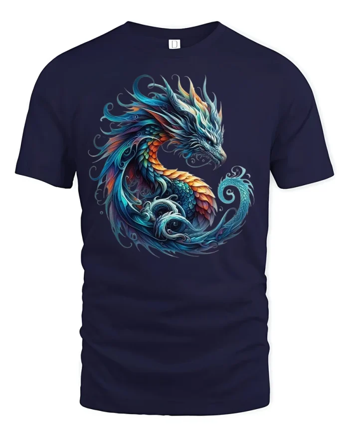 Colorful Fantasy Dragon Graphic T-Shirt for Mythical Creature Fans - navy t-shirt on white background