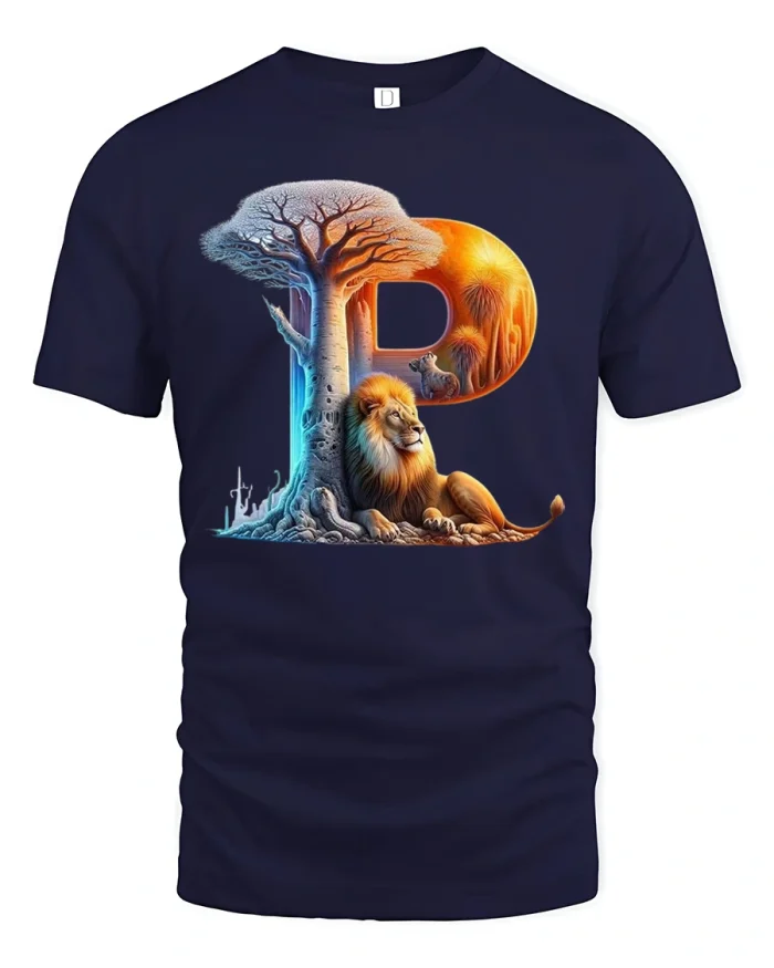 Lion and Nature Letter P Graphic T-Shirt - navy t-shirt on white background