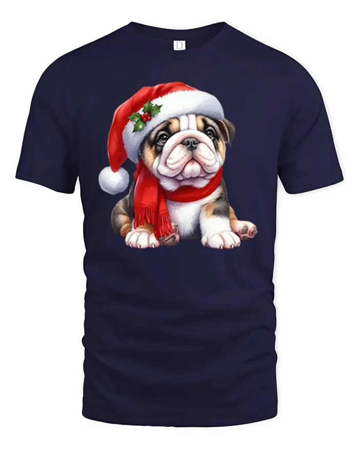 Cute Christmas Bulldog Puppy Graphic T-Shirt - navy t-shirt on white background