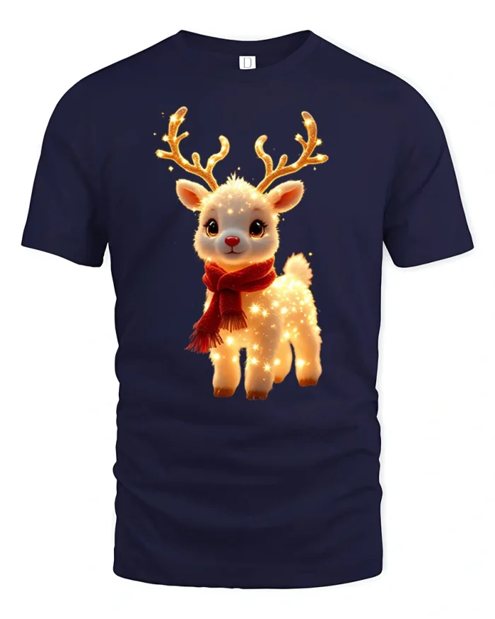 Cute Glowing Christmas Reindeer Graphic T-Shirt - navy t-shirt on white background