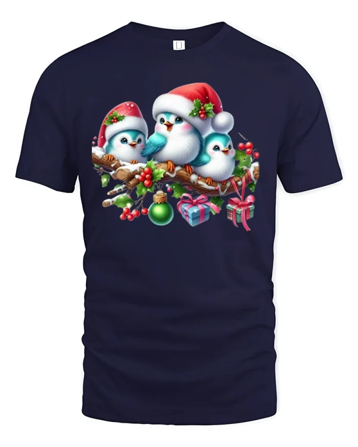 Cute Christmas Birds Family Graphic T-Shirt for Holiday Cheer - navy t-shirt on white background