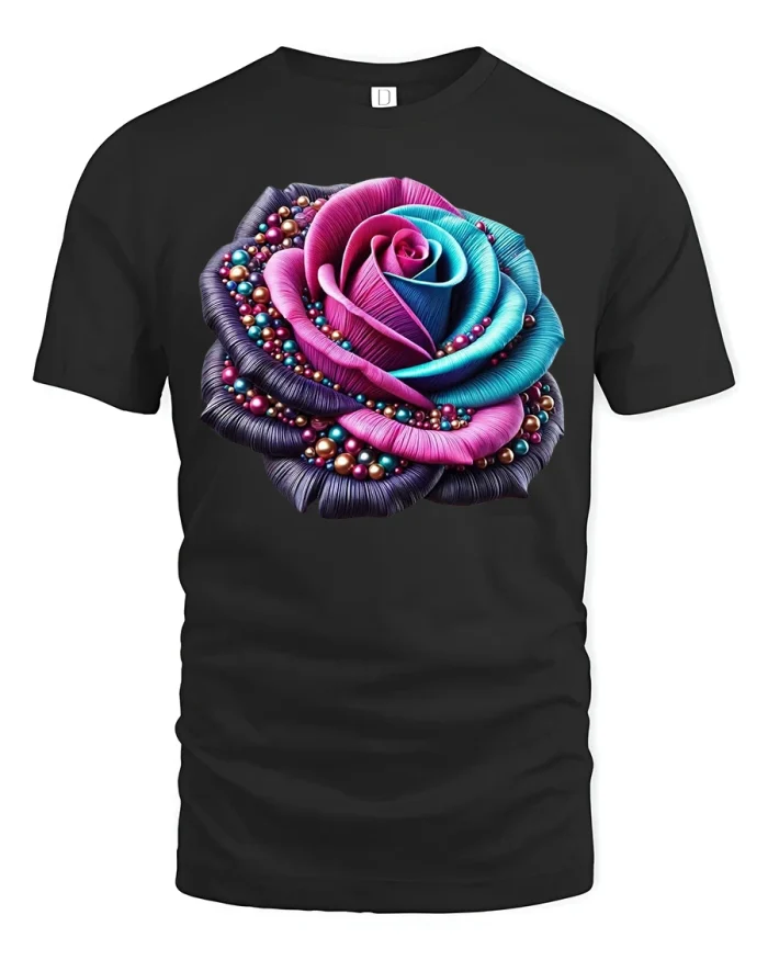 Vibrant Pearl Rose Art Graphic Tee for Stylish Wear - black t-shirt on white background
