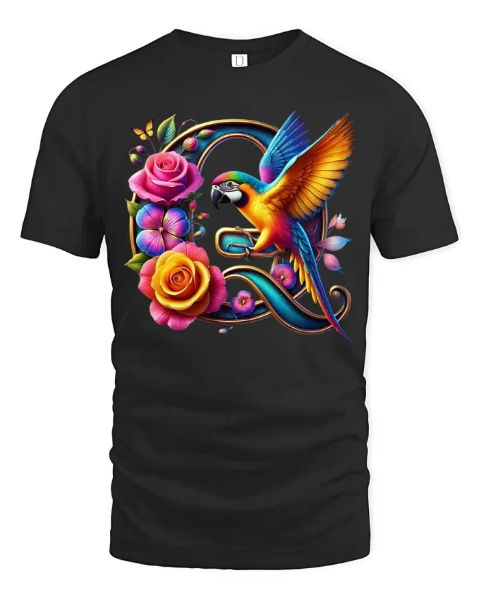 Monogram G Parrot Floral Graphic Tee for Women - black t-shirt on white background